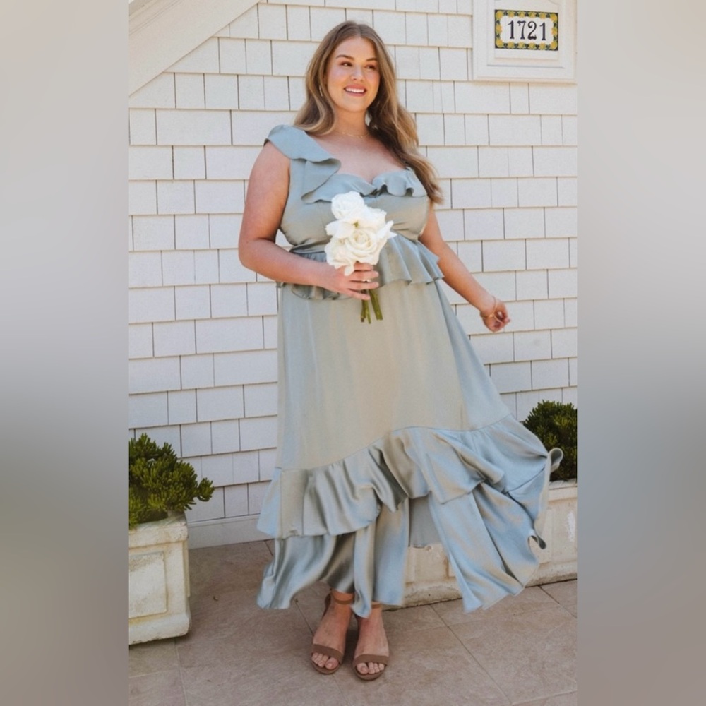 Reese Ruffle Dress in Silver Sage Luxe Satin